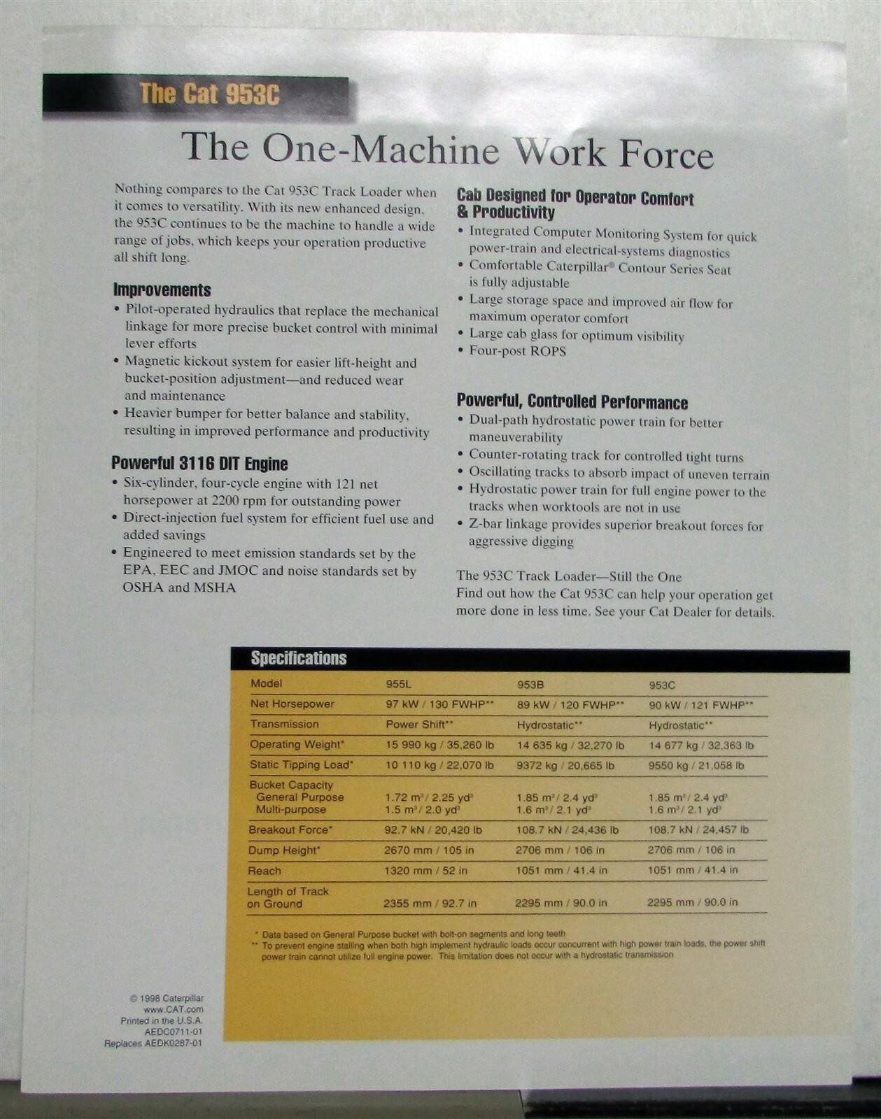 1998 Caterpillar 953C Track Loader Specifications Construction Sales Brochure