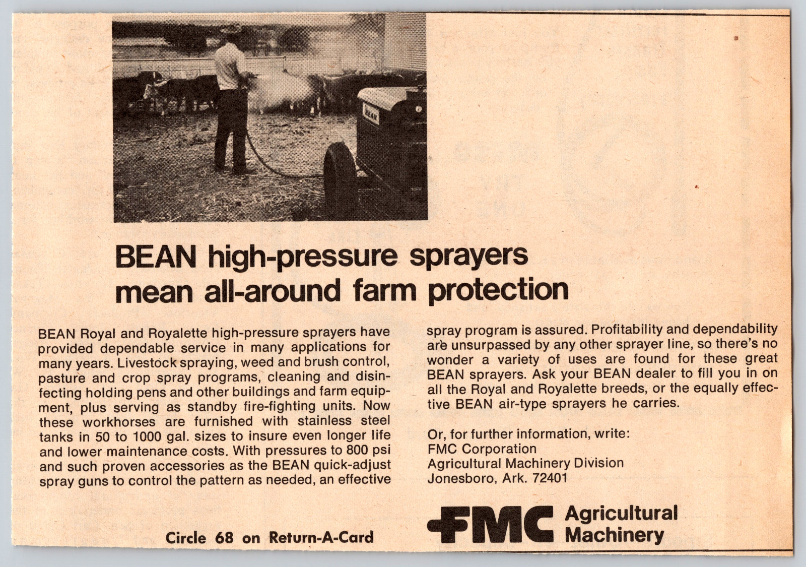 1973 Print Ad FMC Agricultural Macherinery Jonesboro Ark Bean Sprayers