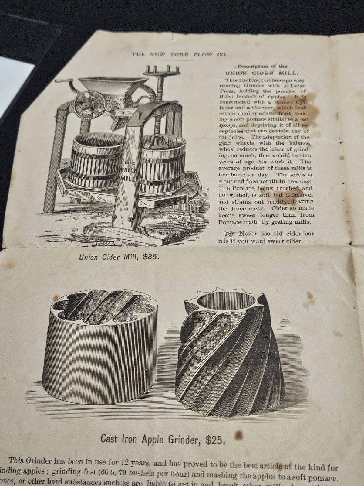 1876 New York Plow Cider Mill Presses Screws Brochure