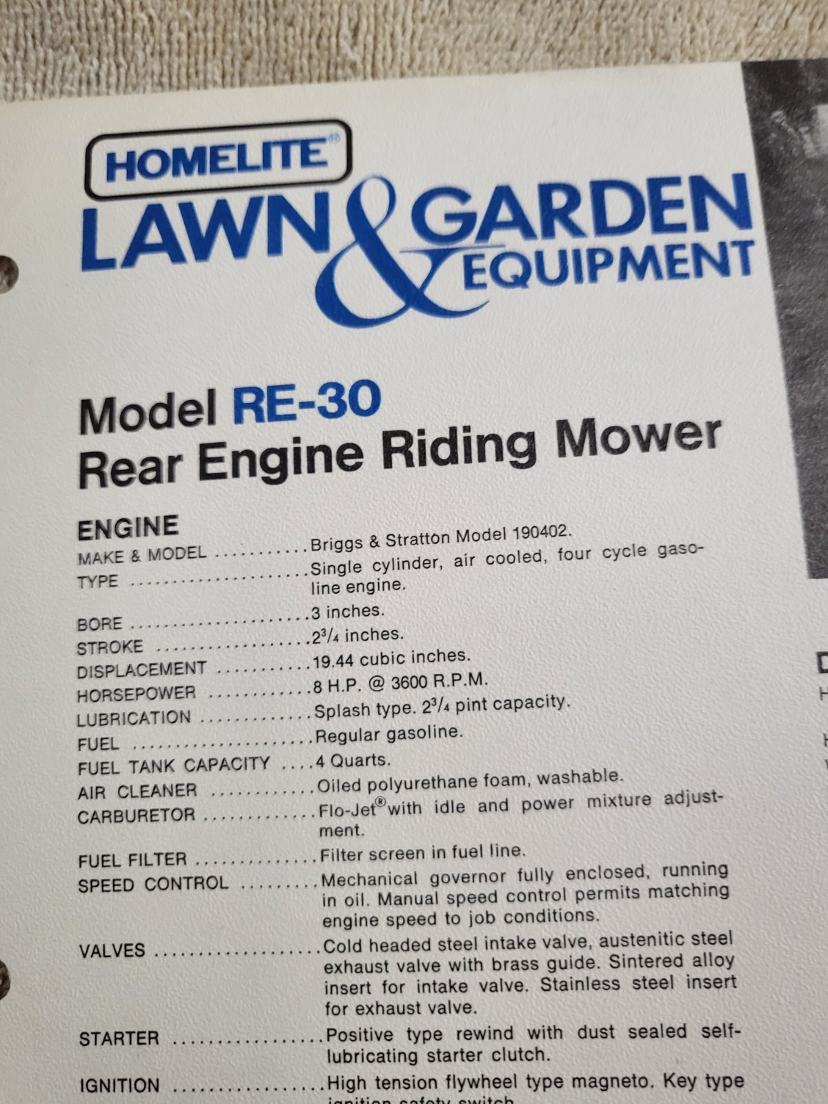 Vintage 1974 Homelite Model RE30 Rear Engine Riding Mower BROCHURE 190402 Briggs