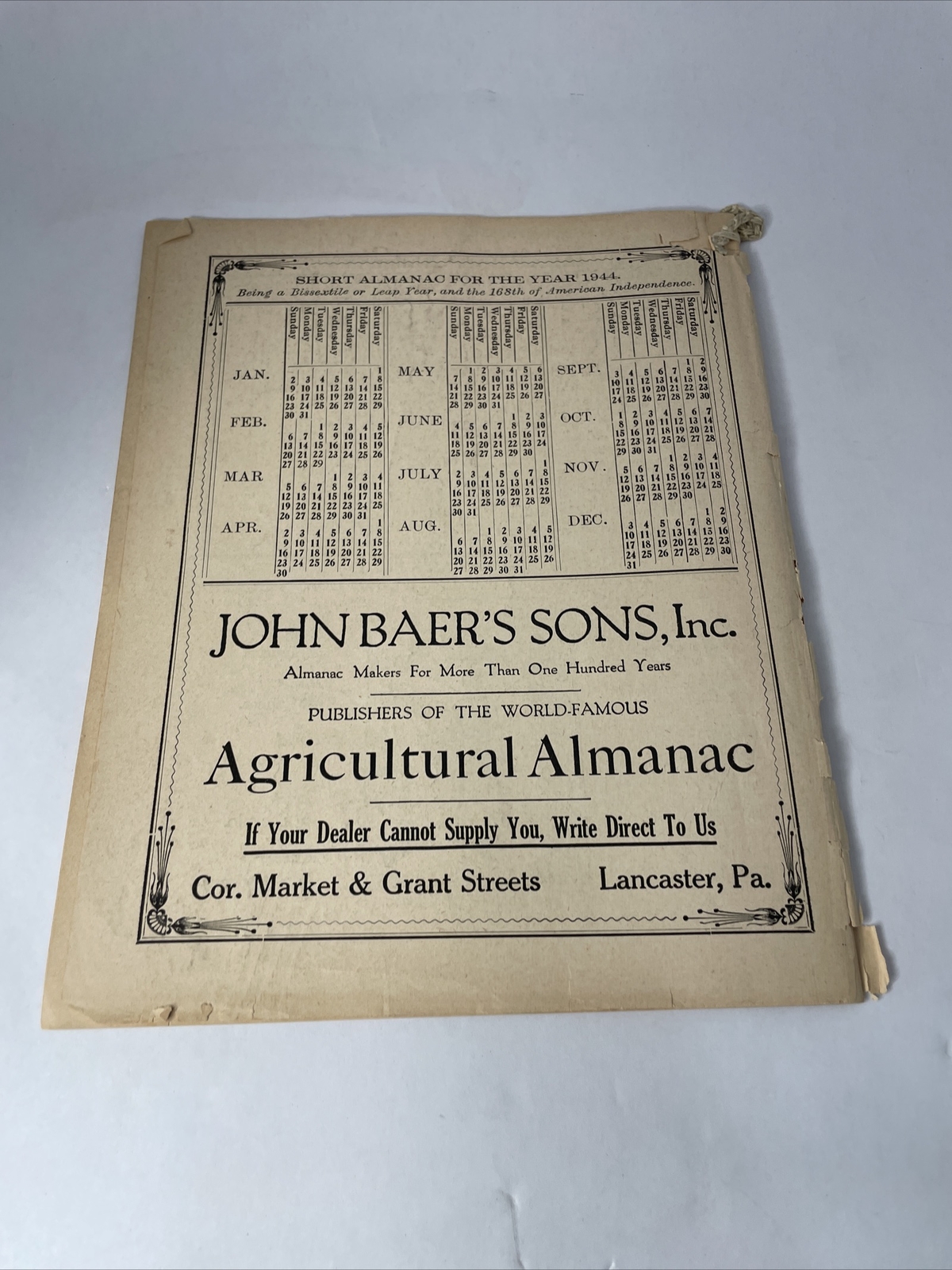 Vintage 1944 John Baers Sons Agricultural Almanac Lancaster Penn Farmers Almanac