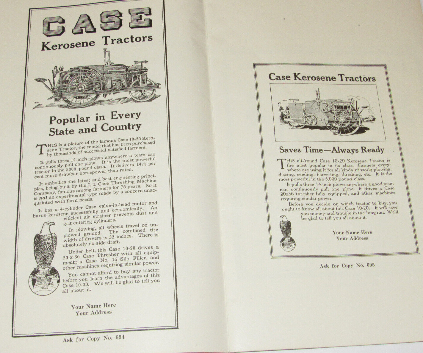 VINTAGE 1918 JI CASE DEALER READY-MADE ADS CATALOG! TRACTORS/THRESHERS/HAY BALER
