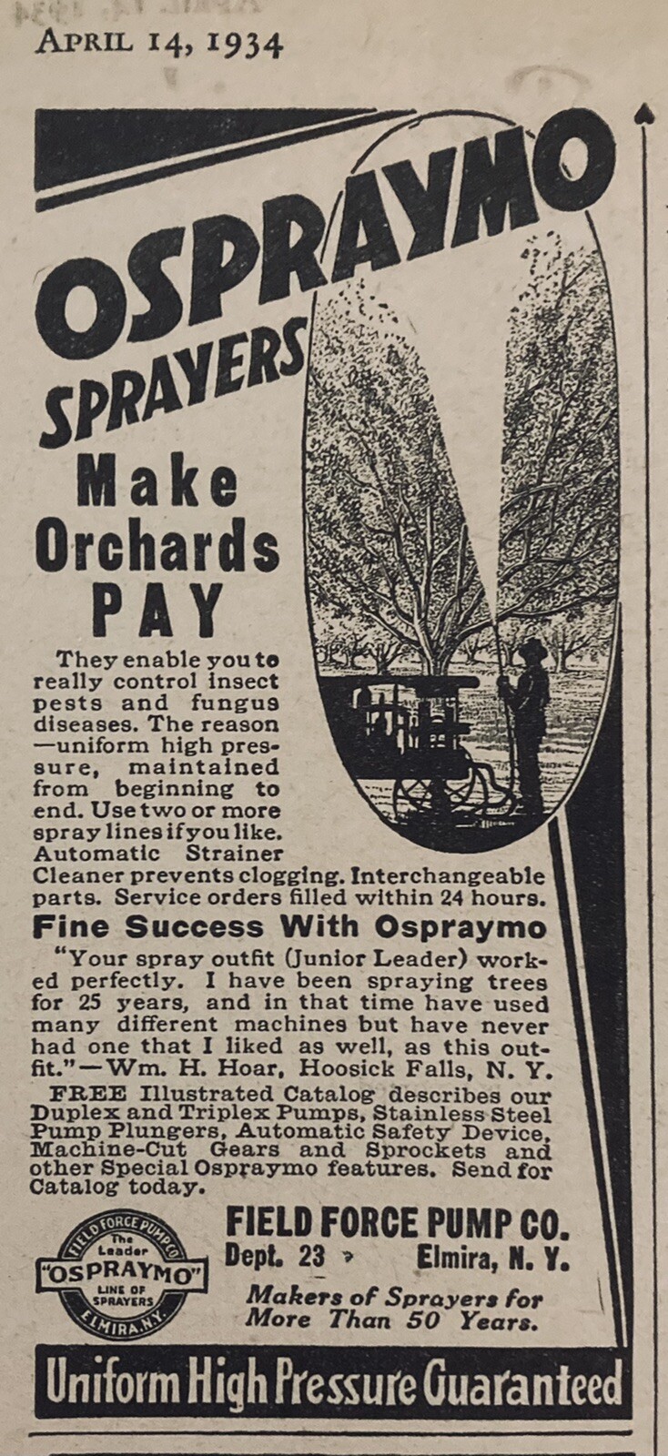 1934 AD.(XH51)~FIELD FORCE PUMP CO. ELMIRA, NY. OSPRAYMO ORCHARD SPEAYERS