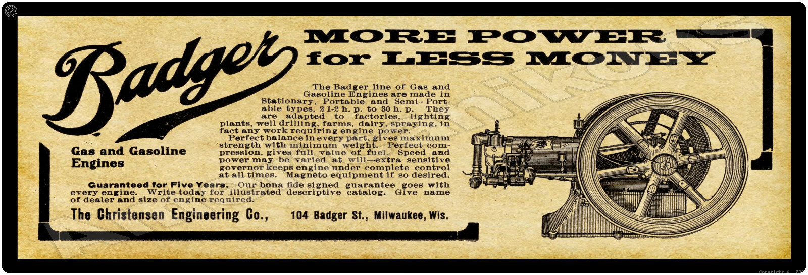 1912 Christensen Engineering Co. New Metal Sign: Badger Gas Engines – Milwaukee