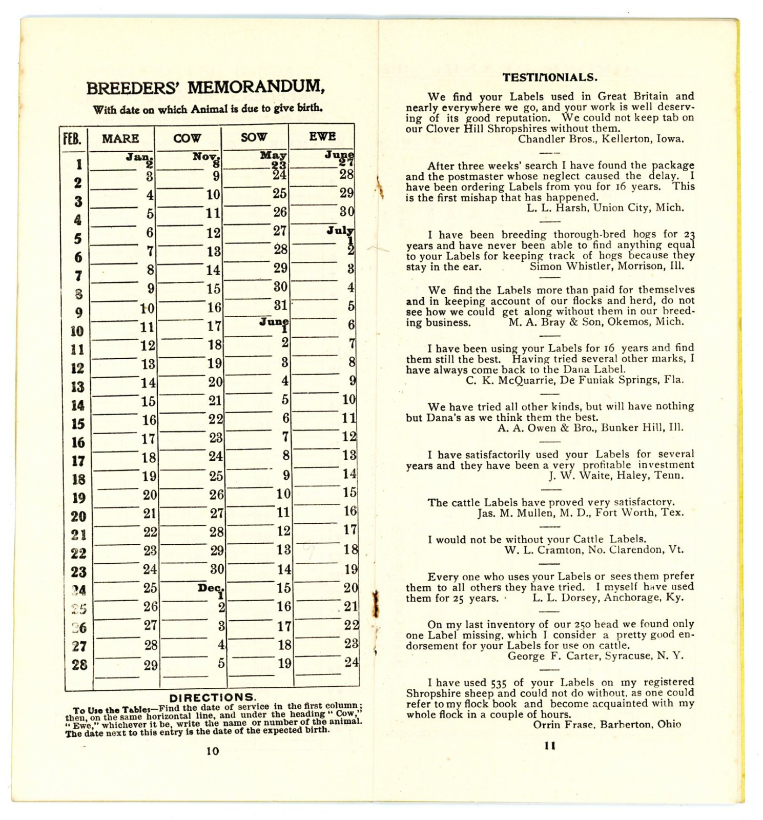 Dana’s Stock Labels & Breeder Memorandum C H Dana West Lebanon New Hampshire