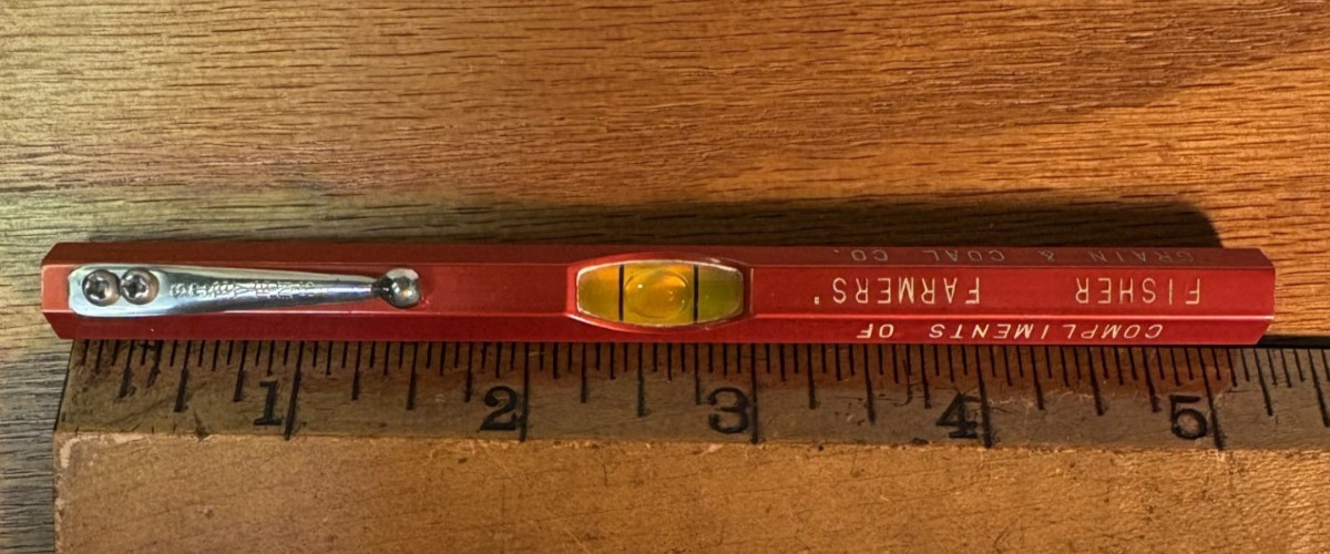 Vintage Stevens Level,5.25″, Fisher Farmers Grain & Coal,Adv.Excellent
