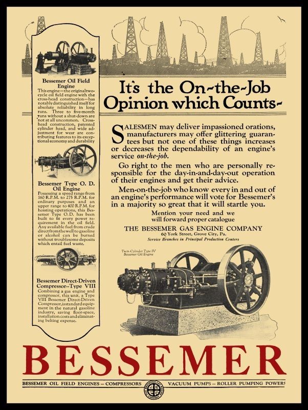 1922 Bessemer Oil Field Engines, Grove City PA NEW METAL SIGN: 9×12″ Ships Free
