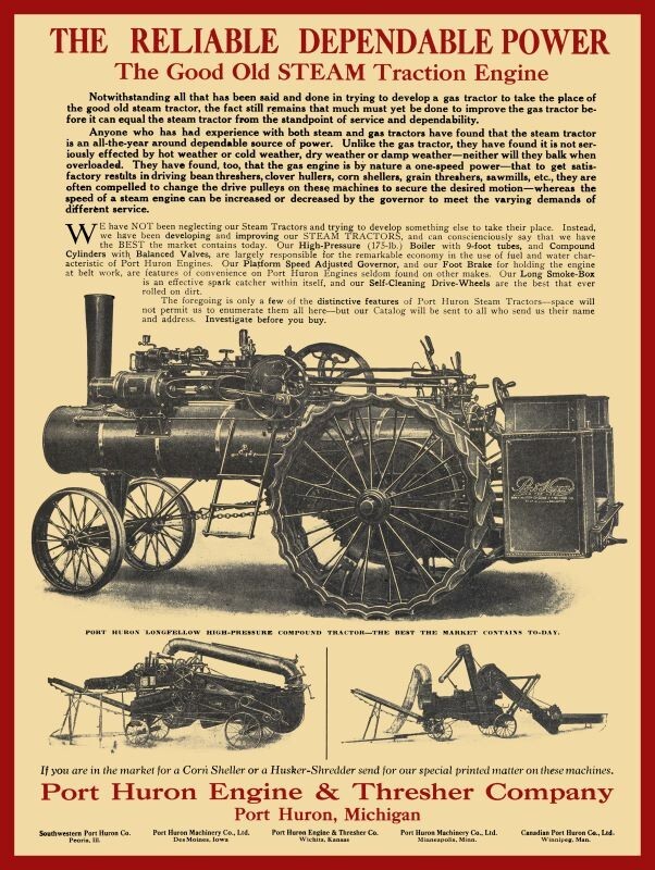 1915 Port Huron Steam Traction Engine & Threshers NEW Sign 24×30″ USA Steel