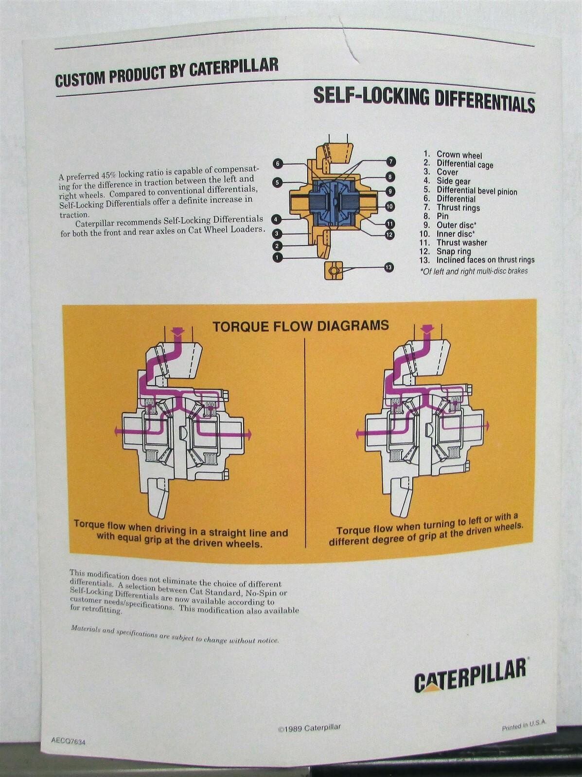 1980s Caterpillar Self Locking Differentials Construction Sales Data Sheet
