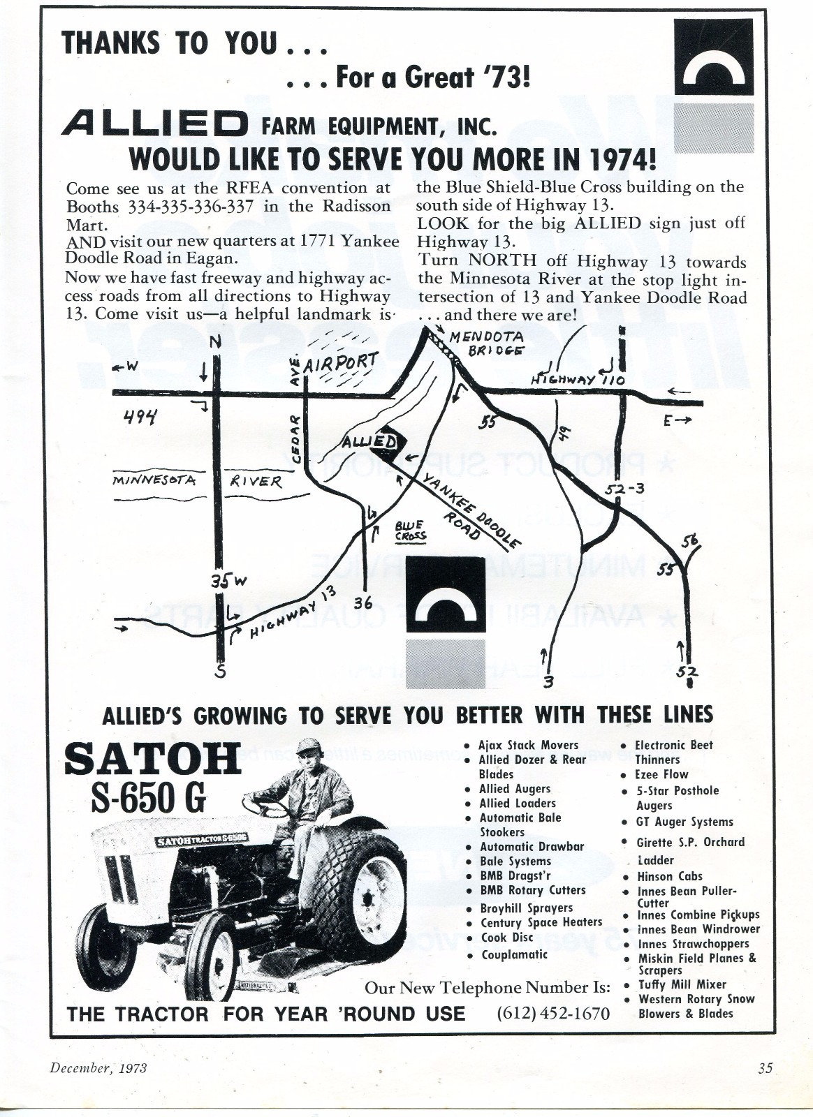 1973 Dealer Print Ad of Allied Farm Equipment Satoh S650G Farm Tractor