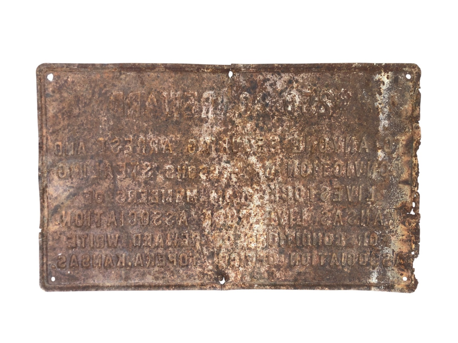 Vintage Sign Kansas Livestock Association $250 Reward for Securing Arrest