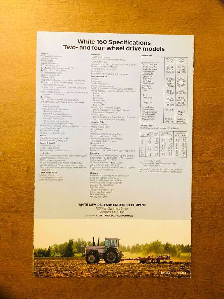 1988 White 160 PTO HP Tractors Specifications Brochure 5 1/2″ x 8 1/2″