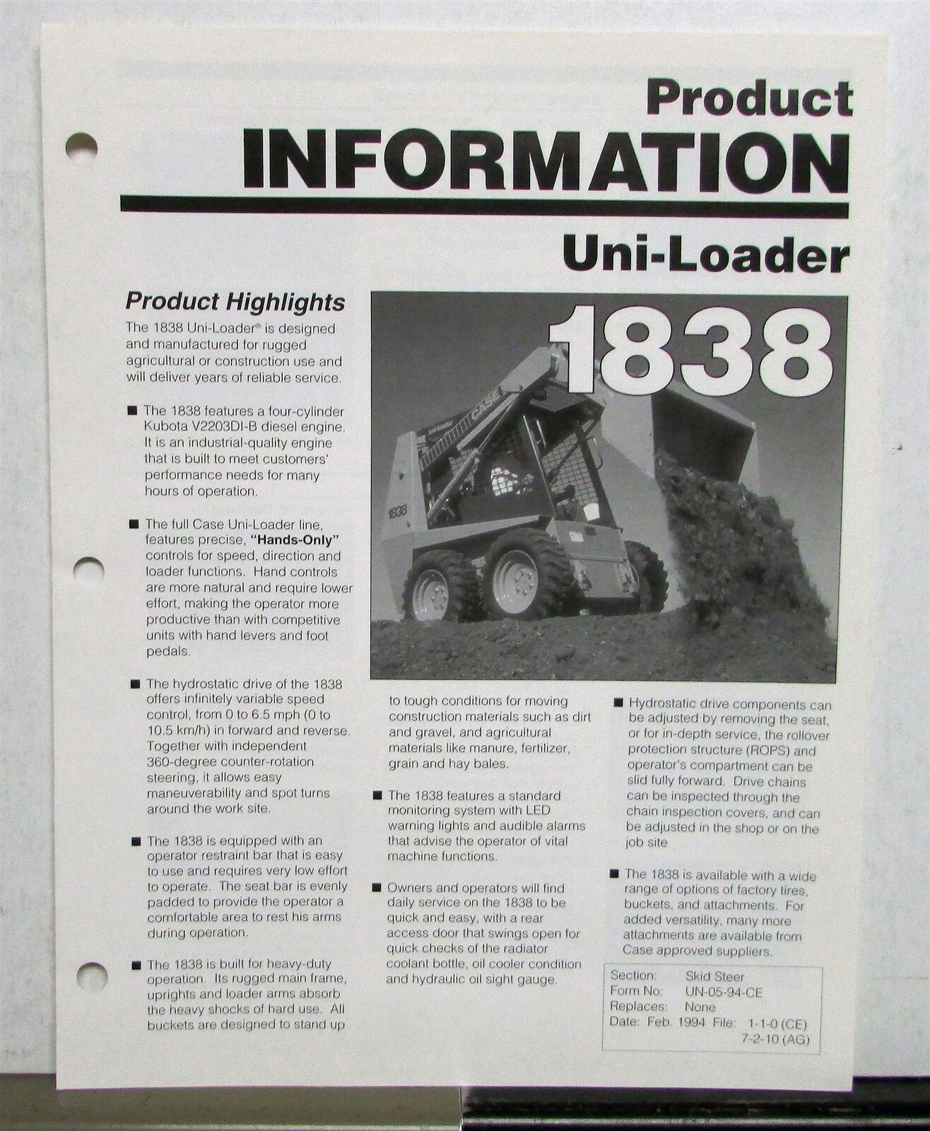 1994 Case Uni Loader 1838 Construction Specifications Sales Folder