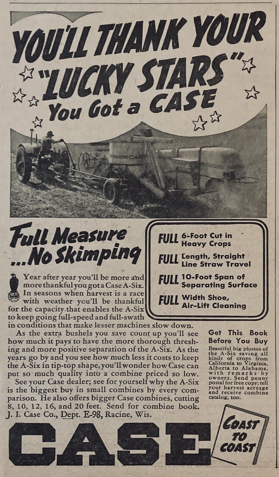 1939 AD.(XH17)~J.I. CASE CO. RACINE, WIS. CASE A-SIX THRESHER