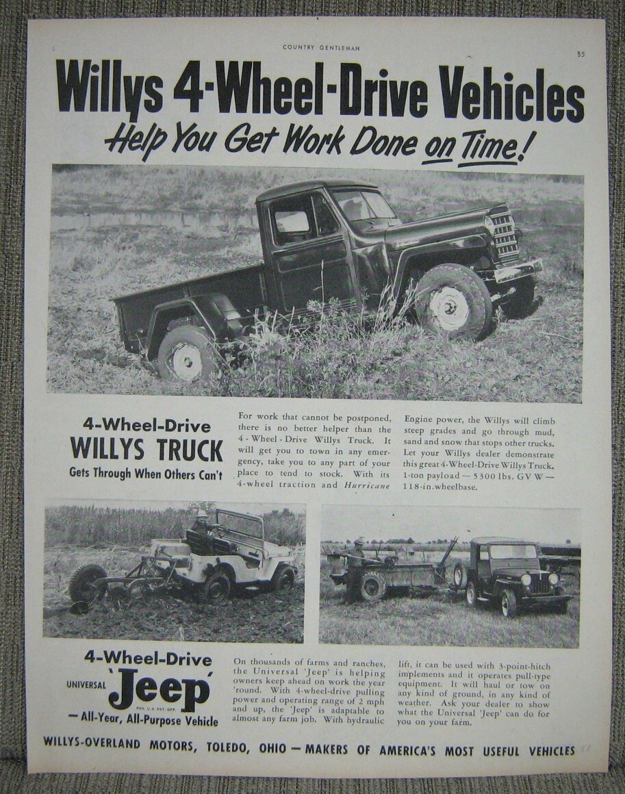 1951 Willys Jeep Ideal For Farm & Ranch Use – 4 Wheel Drive Is Ideal – Ad Print
