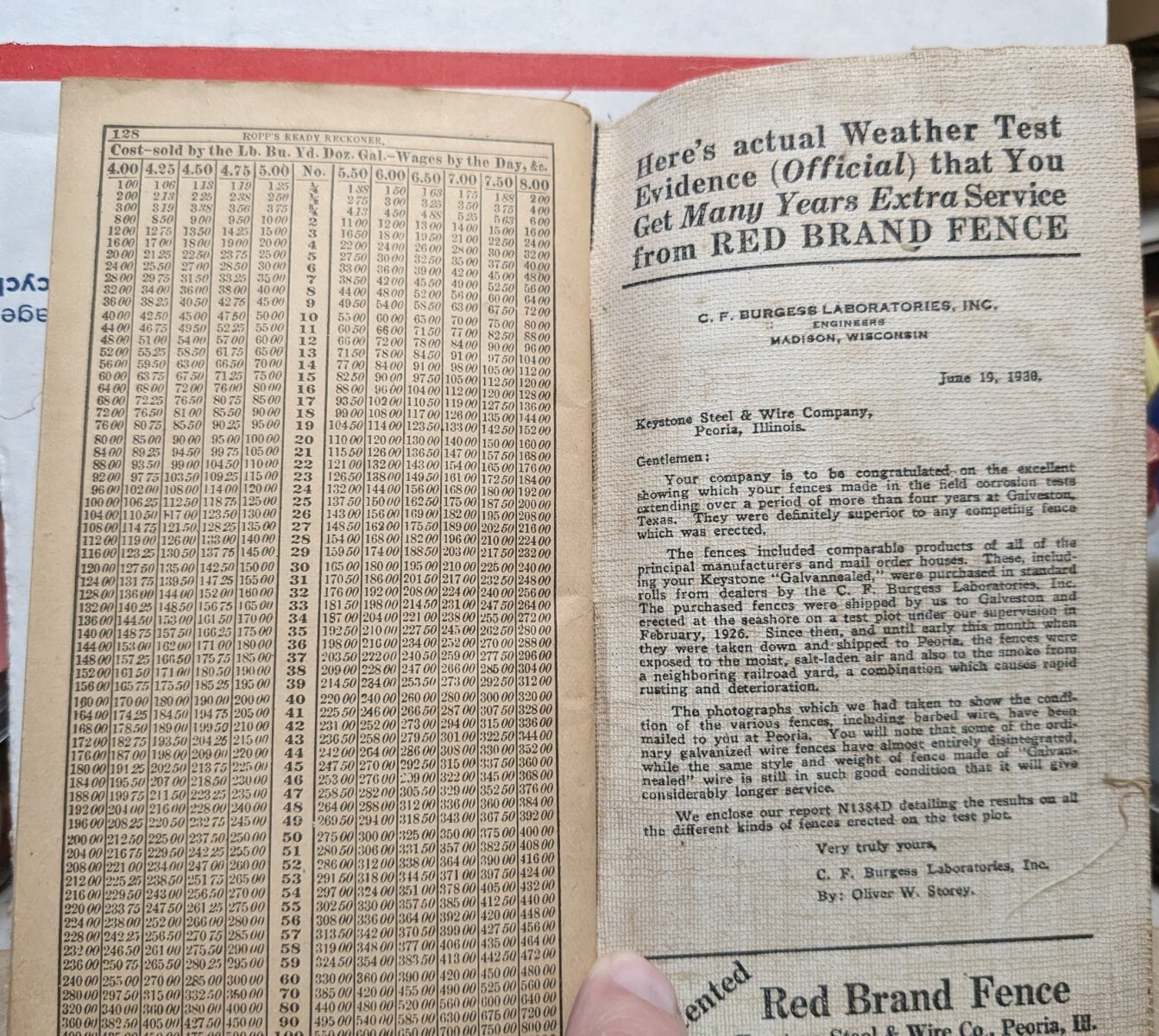 1919 Ropp’s New Calculator Farmers Reckoner Pocket Booklet Red Brand Fence Ads