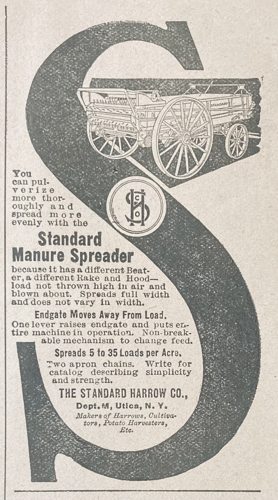 1905 AD.(XH43)~THE STANDARD HARROW CO. UTICA, NY. STANDARD MANURE SPREADERS