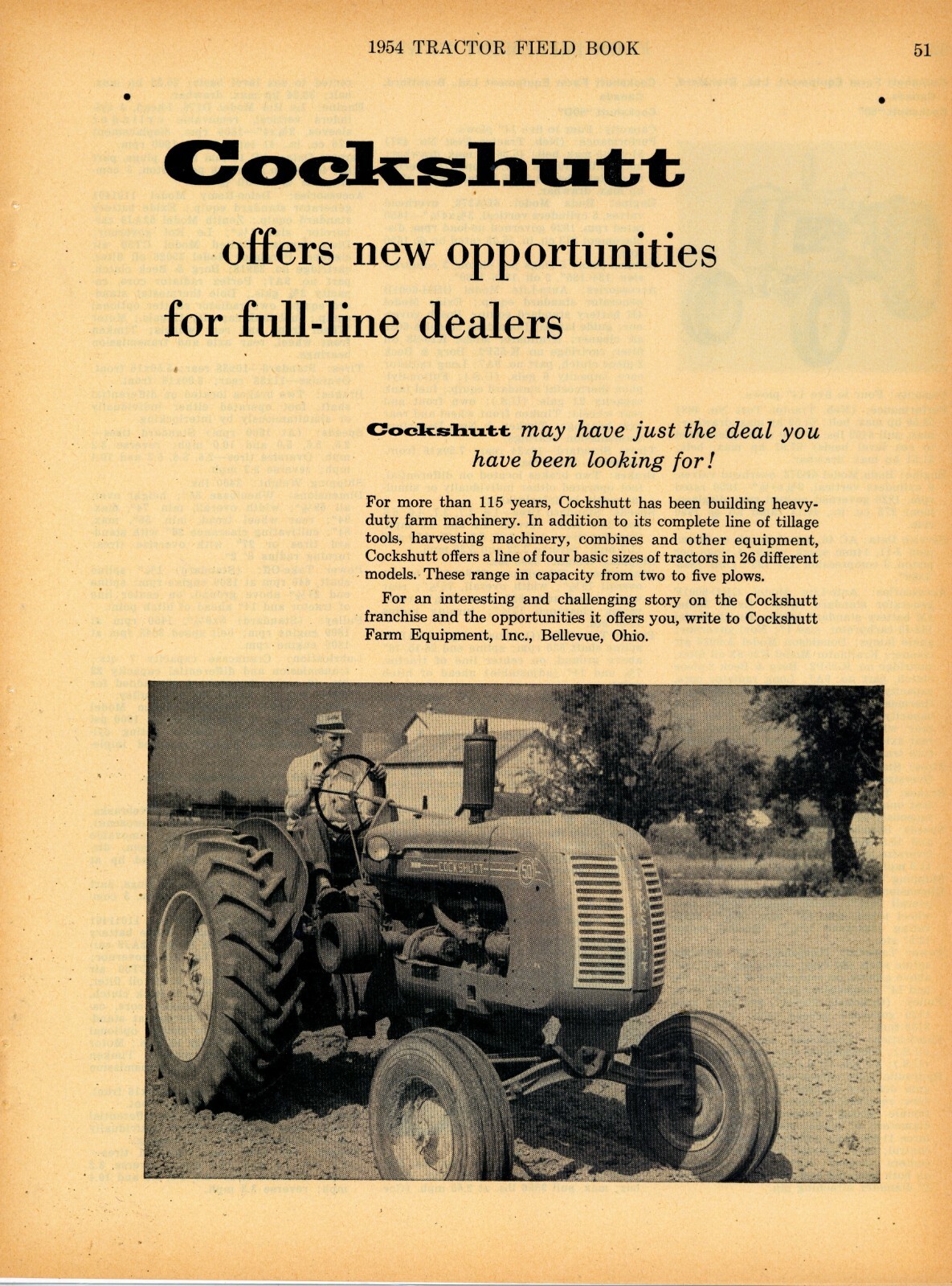 1954 Cockshutt Dealership Ad: Model 50 Tractor Pictured – Bellevue, OhiO