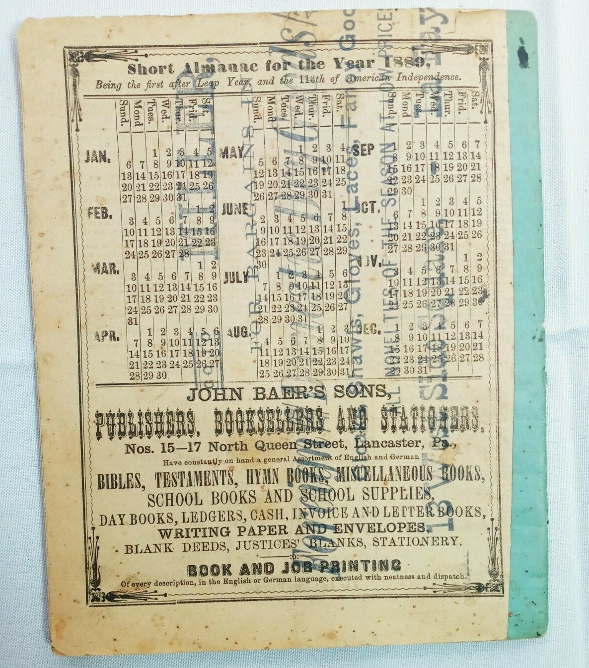 Vintage 1889 John Bear Baer’s Agricultural Almanac Lancaster PA Antique Farmers