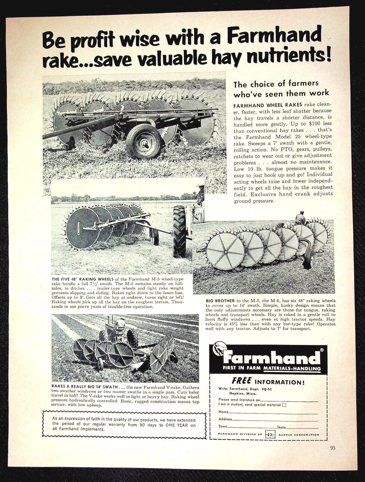 Farmhand Wheel Rake,1962 Farm Quarterly VTG Print Ad, Agriculture