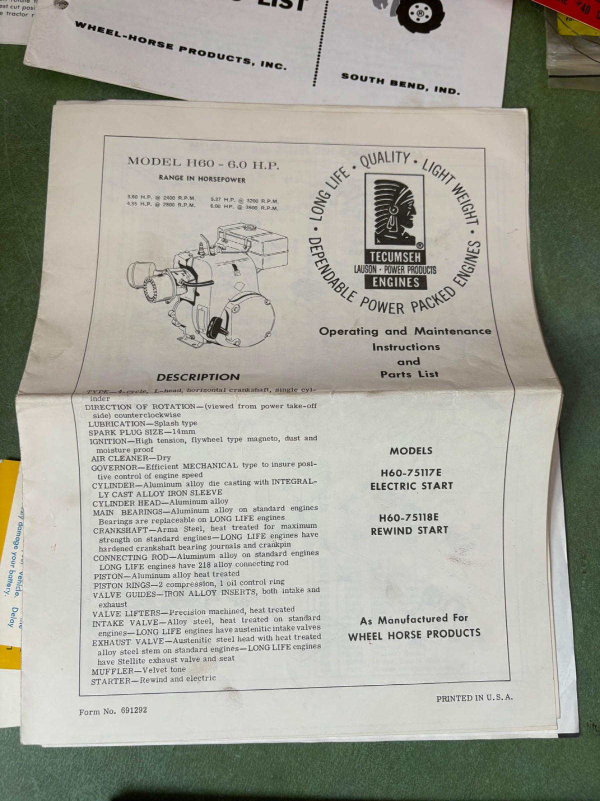 Rare Wheel Horse 606 656 Sales Kit Manual Packet Operators & Engine Manual