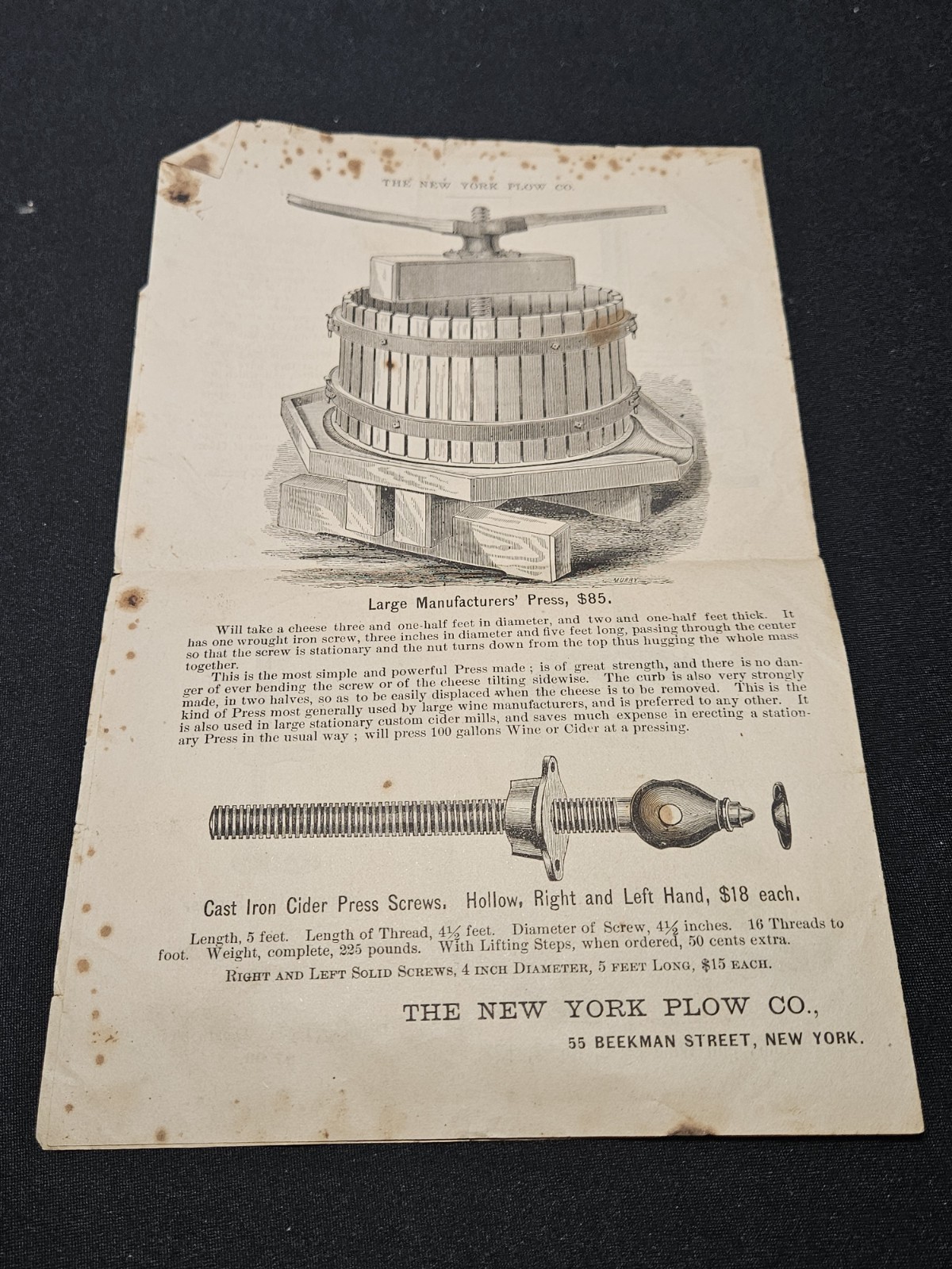 1876 New York Plow Cider Mill Presses Screws Brochure