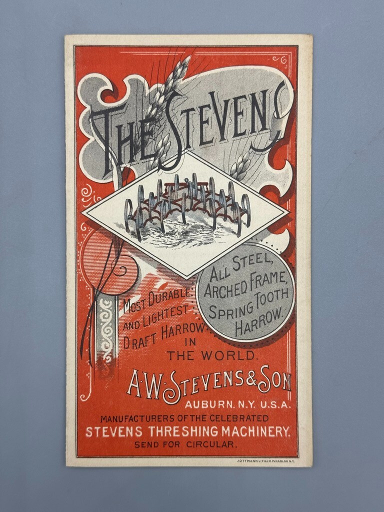 1880s STEVENS HARROW Farm Victorian Folding Advertising Trade Card AUBURN NY