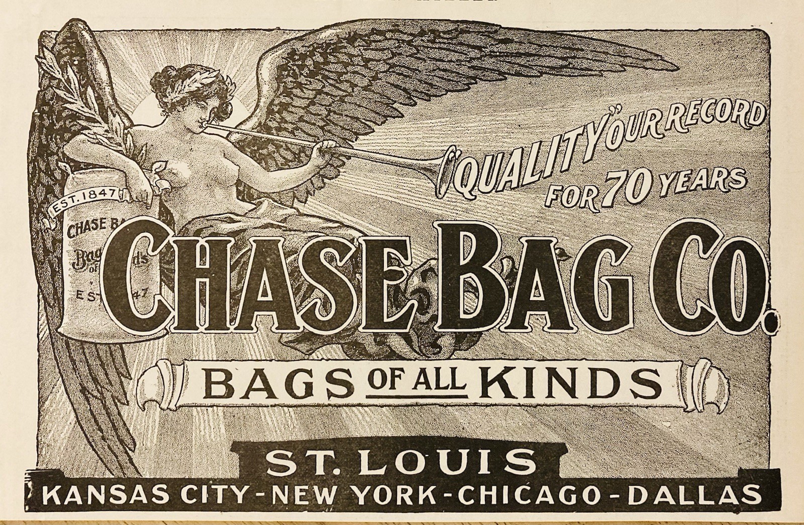 1919 AD.(PC9)~CHASE BAG CO. ST. LOUIS, MO. CHASE FLOUR GRAIN SEED BAGS