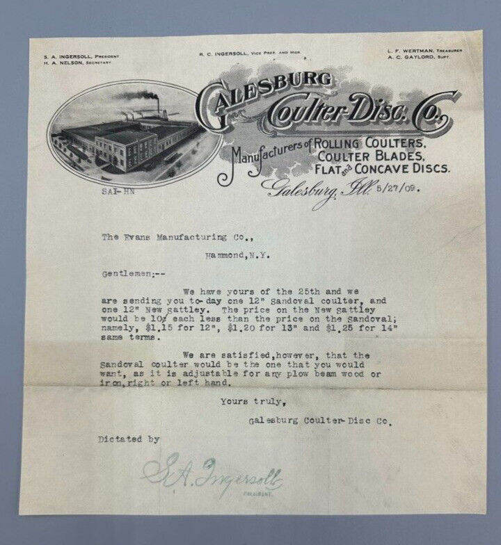 1909 Ingersoll Tillage GALESBURG COULTER DISC Tractor FARM Advertising Letter IL