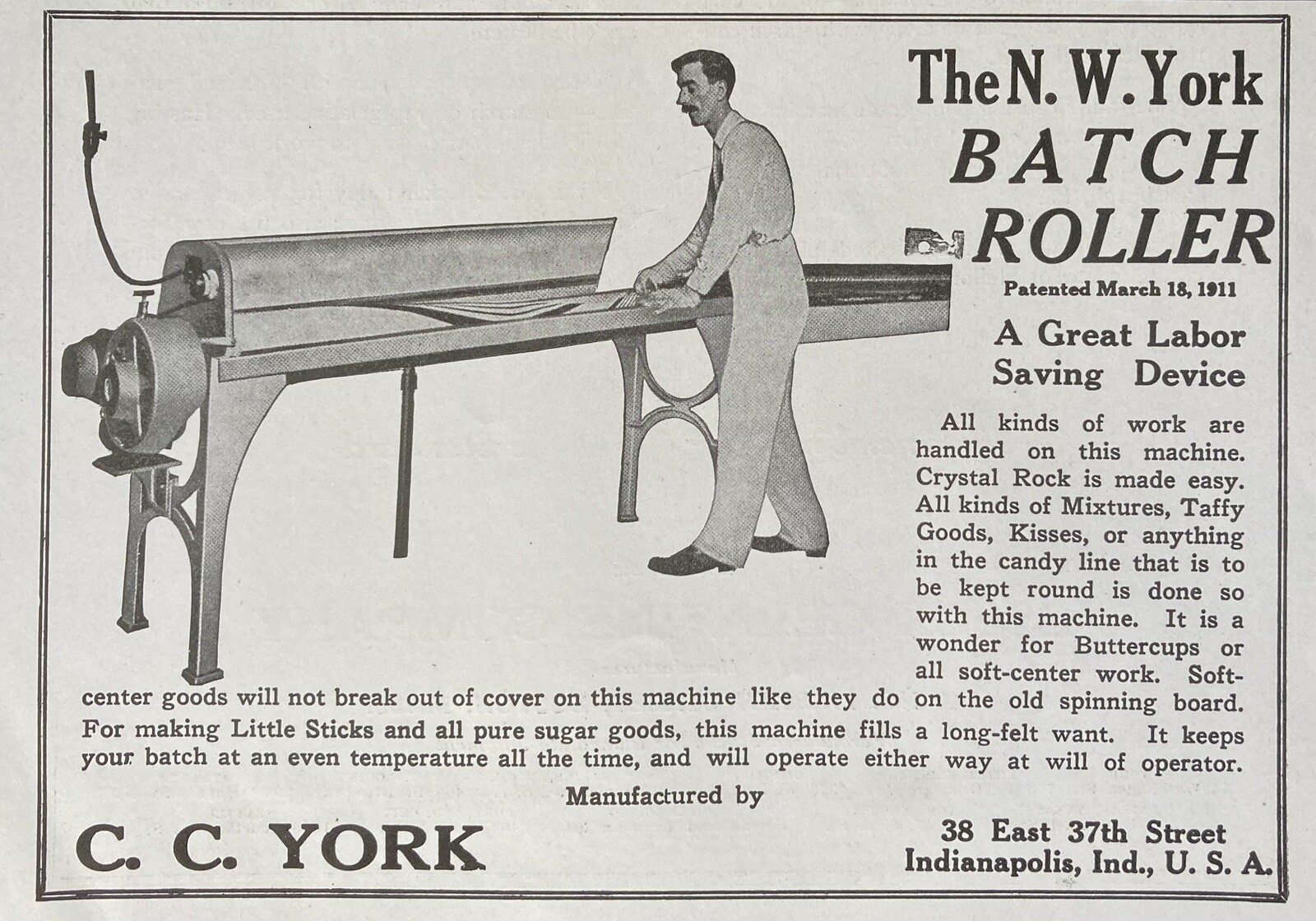 1927 AD.(XG15)~C.C. YORK CO. INDIANAPOLIS, IND. CANDY BATCH ROLLER MACHINE