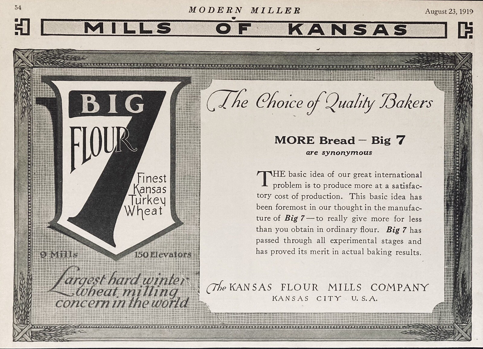 1919 AD.(XH23)~KANSAS FLOUR MILL CO. KANSAS CITY, MO. BIG 7 KANSAS TURKEY WHEAT