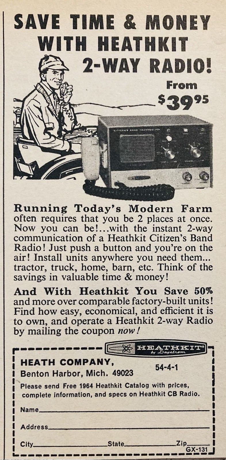 1964 AD.(XH87)~HEATH CO. BENTON HARBOR, MI. HEATHKIT 2-WAY FARM RADIO