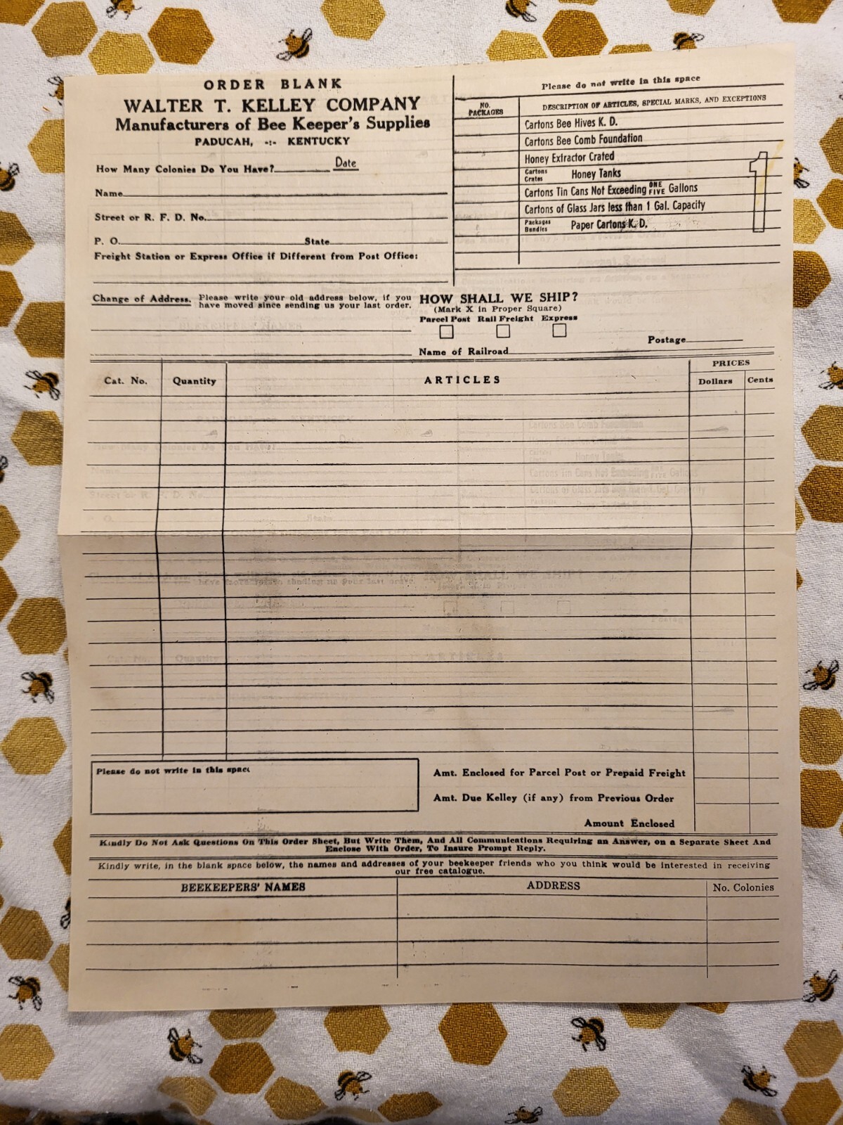1948 Walter T. Kelley Bee Supply Catalogue w/ envelope, order form and wax tag