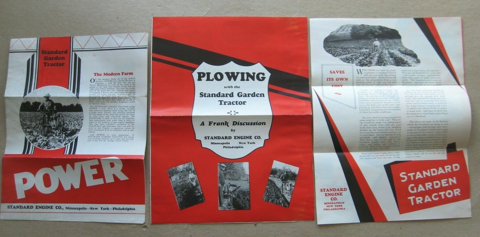 Three 1930’s Standard Engine Company, Standard Garden Tractor Farming Brochures