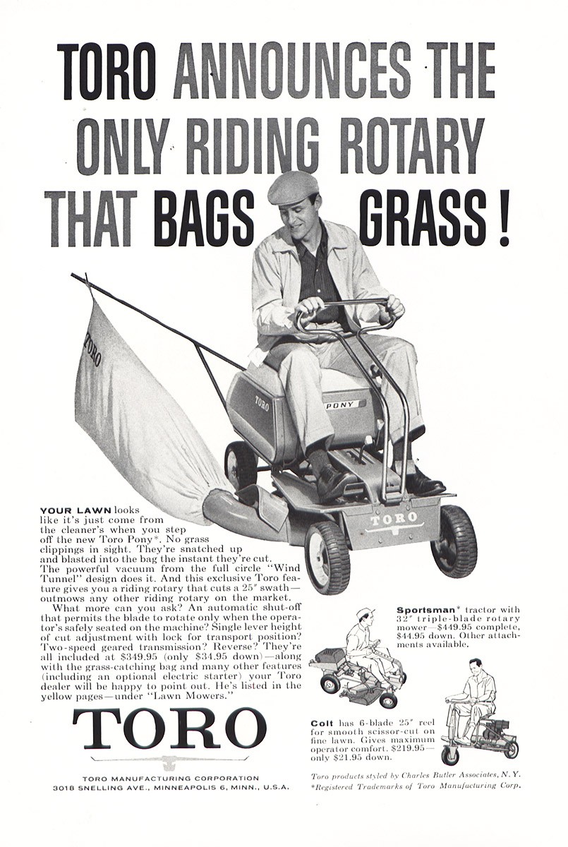 1960 Toro: Riding Rotary That Bags Grass Vintage Print Ad