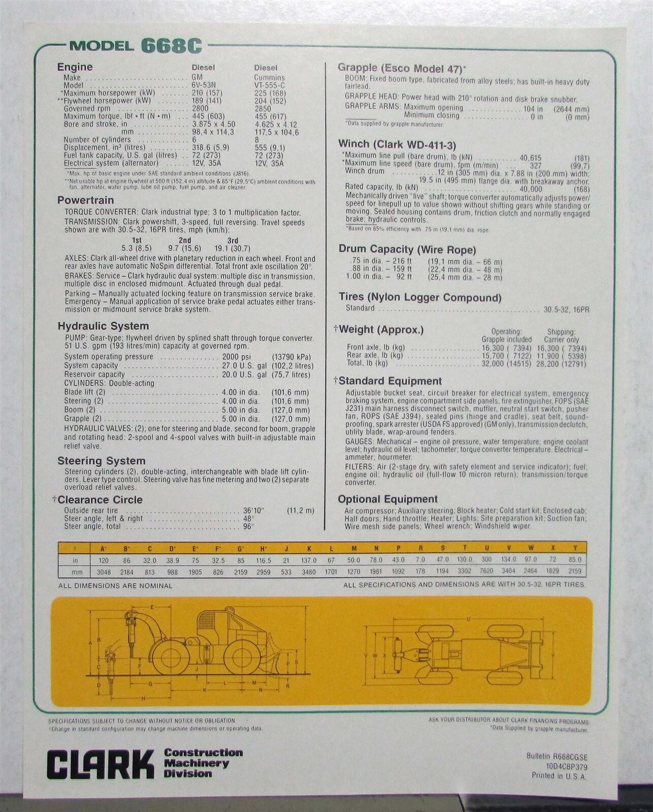 Clark 668C Ranger Grapple Skidder Diagrams Specification Construction Sale Sheet