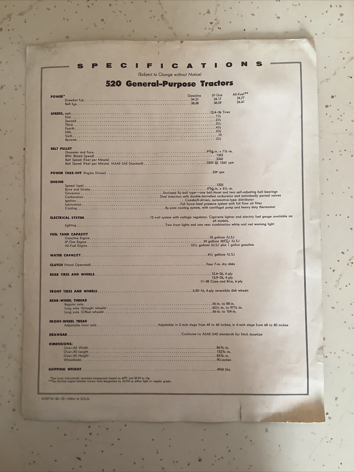 JOHN DEERE TRACTORS 520 SERIES SINGLE PAGE 1956 Sales Brochure