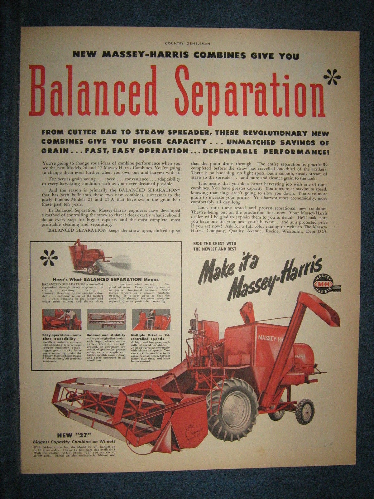 1949 Massey-Harris Combine Model “27” Mag. Ad – A REVOLUTIONARY NEW COMBINE