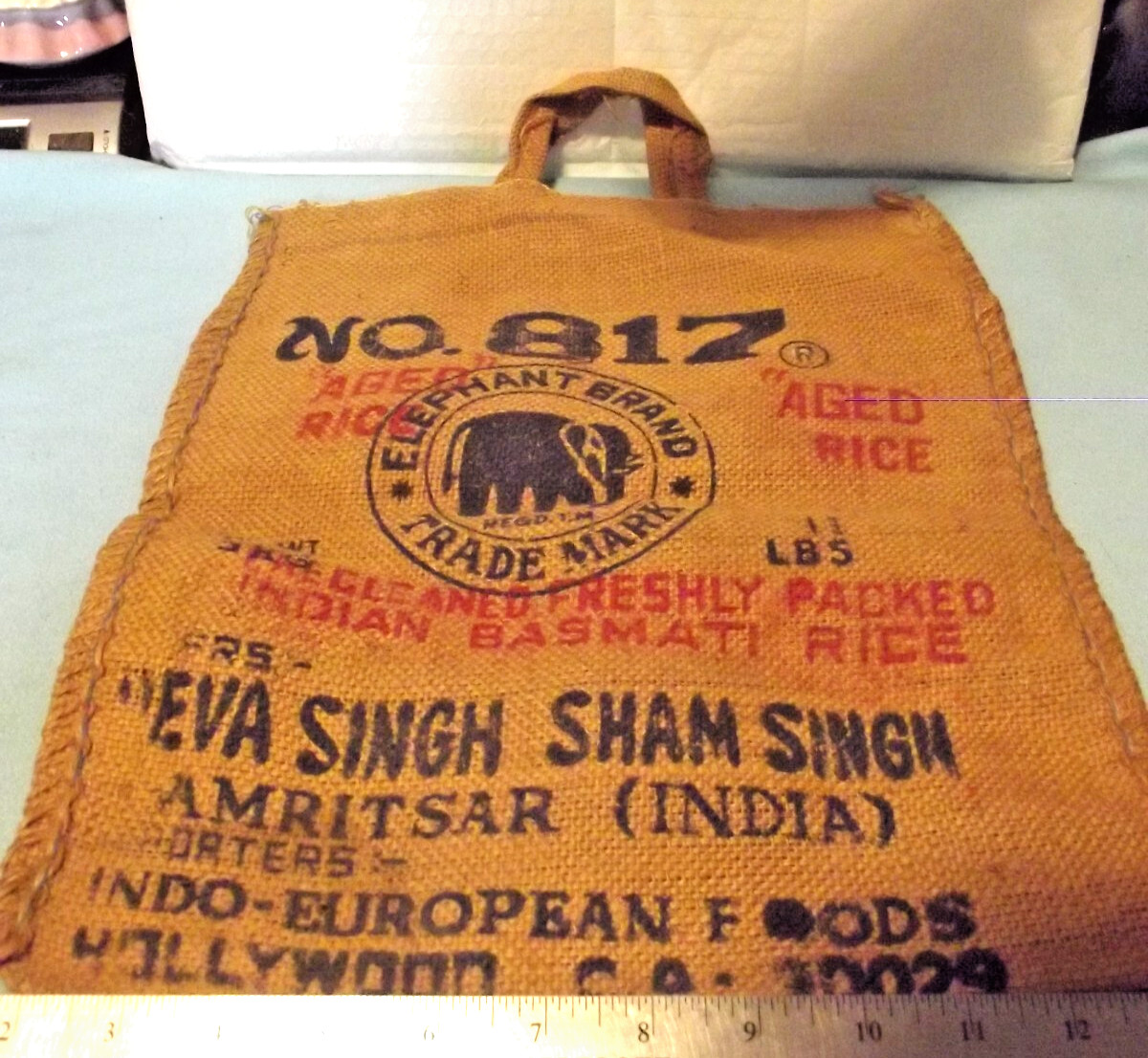Vintage ELEPHANT BRAND #817 Burlap Bag Handmade Purse Amritsar India 11lbs Rice