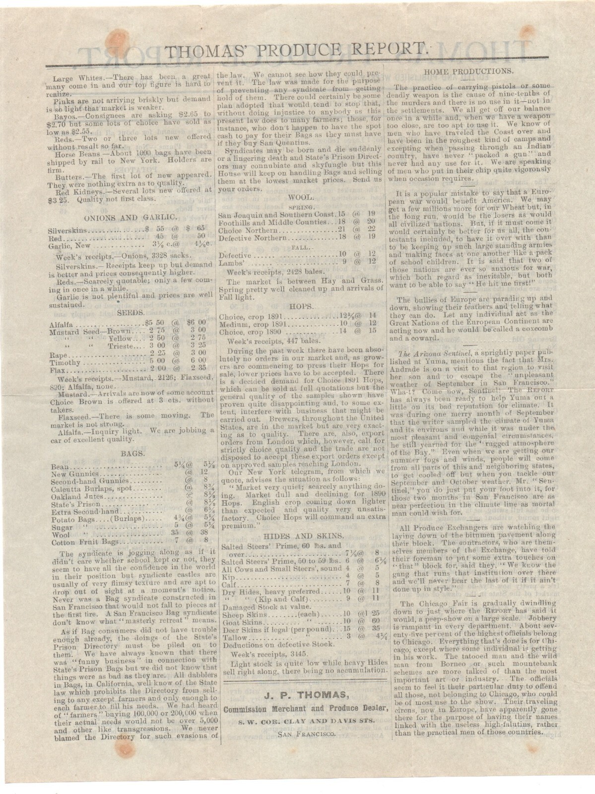 1891 Thomas’ Produce Report Flier from San Francisco CA