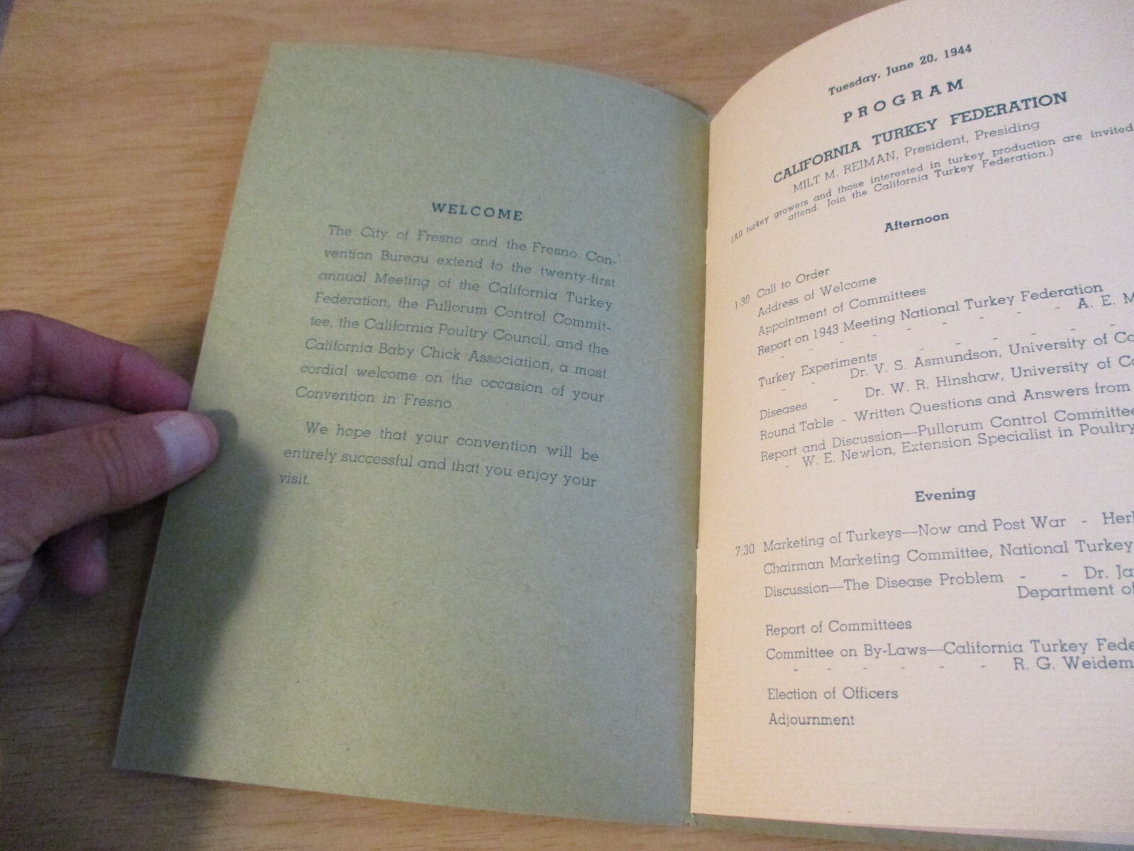 VTG 1944 WWII Era ‘PROGRAM’~California TURKEY/Poultry/CHICK~”HOTEL FRESNO”~