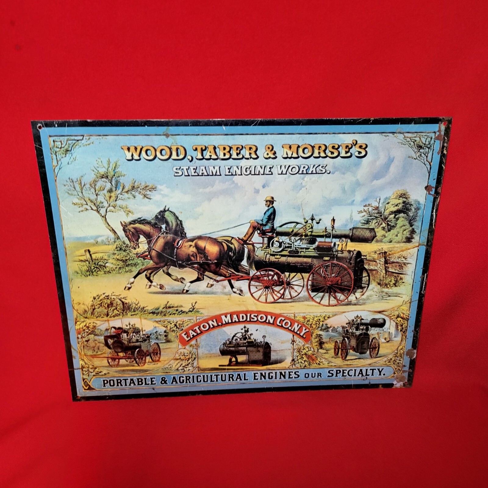Vintage Repro Wood Taber & Morse’s Steam Engine Works Tin Sign Advertising