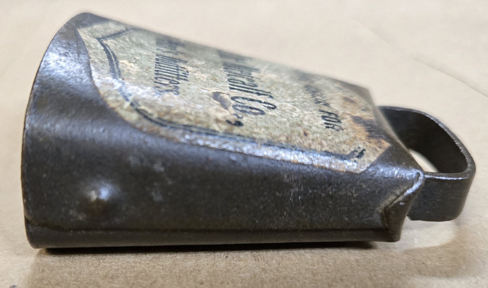 Rare Antique Advertising Miniature Cow Bell Metcalf Co Men’s Outfitters Decal