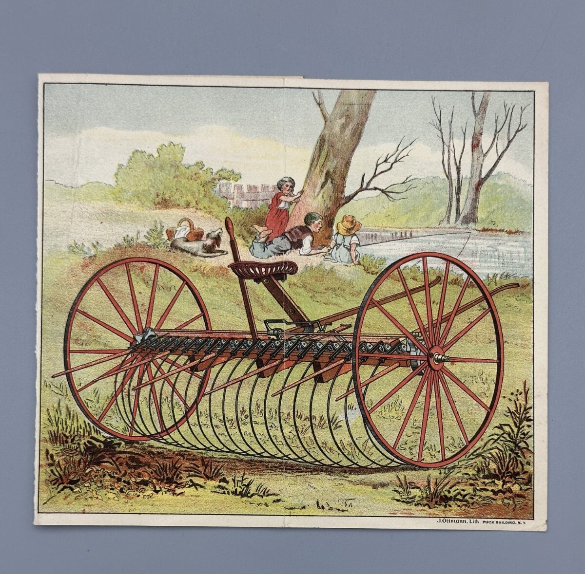 1880s SR NYE’s Rake Victorian FARM Advertising Fold Trade Card CHICOPEE FALLS MA