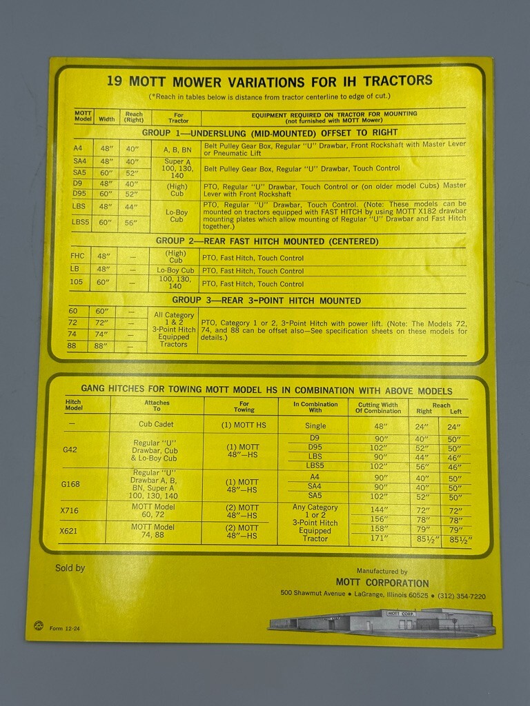 1970s MOTT MOWERS – INTERNATIONAL HARVESTER TRACTOR CUB Farm Advertise Brochure