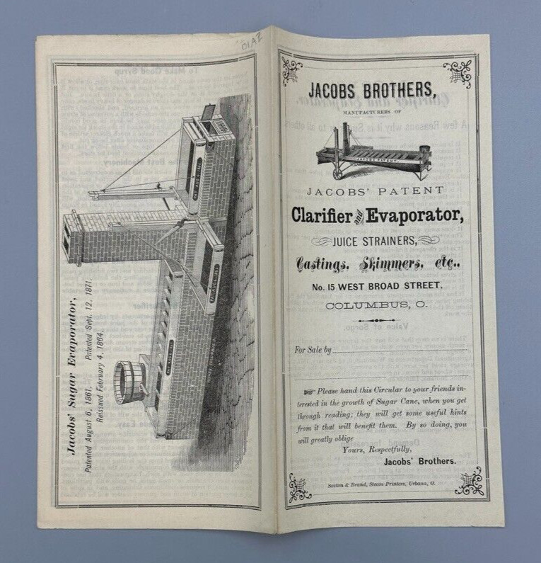 1876 JACOBS Bros SUGAR Cane EVAPORATOR Farm Advertising Antique COLUMBUS Ohio