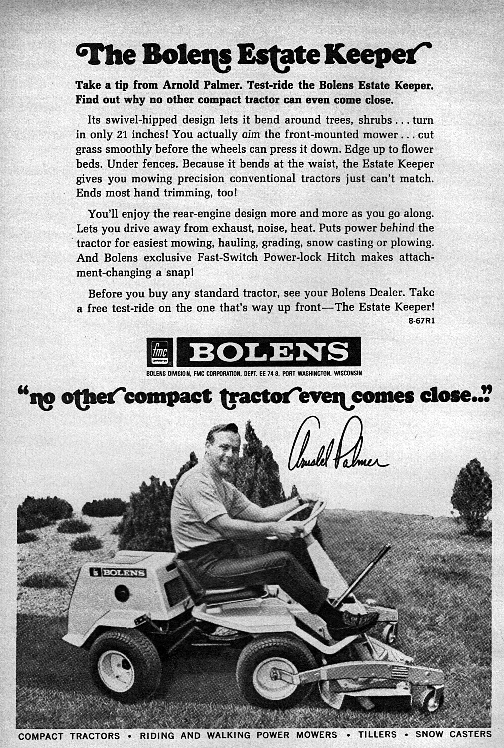 1967 Bolens Estate Keeper Compact Tractor Original Ad w/ Arnold Palmer