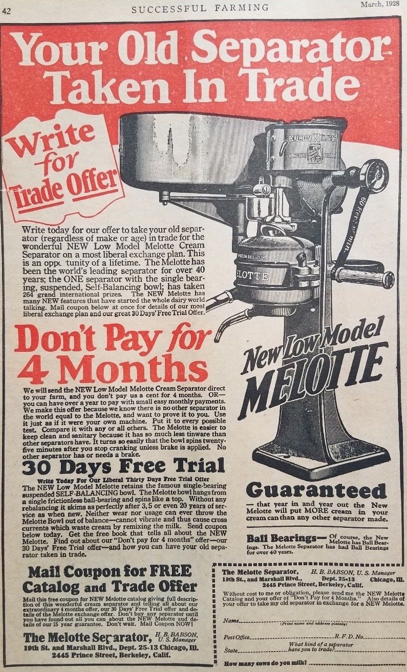 Vintage Print Ad Melotte Cream Separator Dairy Farming Equipment Machinery 1928