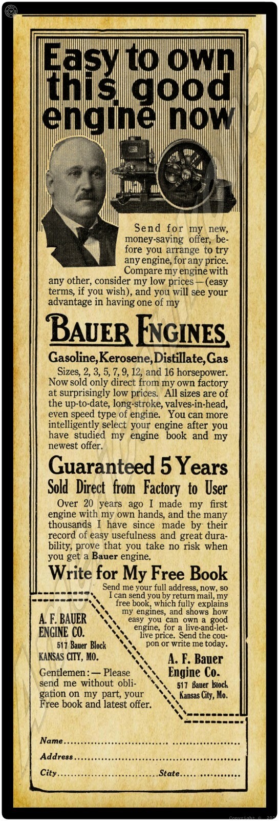 1916 A.F. Bauer Gas Engine Works New Metal Sign: 6 x 18″ – Kansas City, Missouri