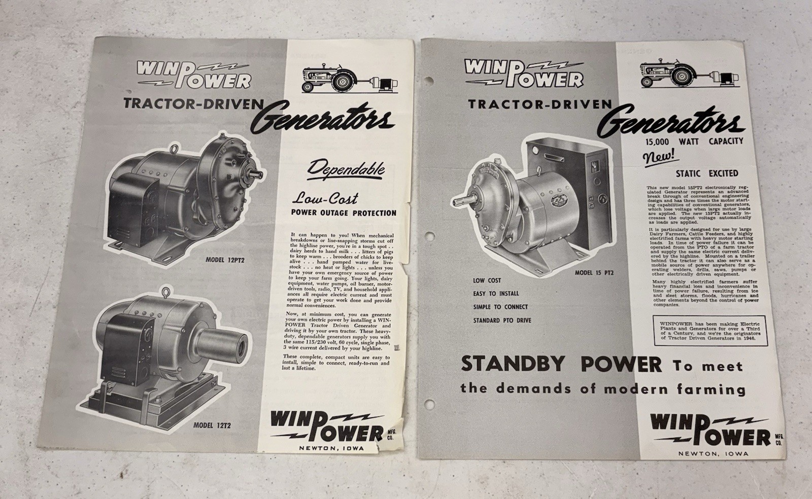 Vintage 1960’s WinPower Tractor Driven Generator Manual & Brochure, Newton Iowa